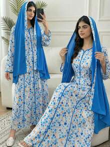 SHEIN Teen Girls Digital Floral Print Long Sleeve Half-Button Dress + Headscarf, Traditional Middle Eastern Festival Outfit - Multicolor - View 1
