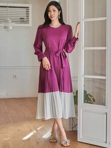 DAZY Women's Elegant Contrast Color Pleated Waist Midi Dress, Spring/Summer Wedding Guest Dress - Red Violet - View 4