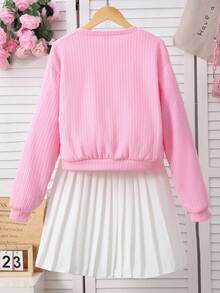 SHEIN 两件套少女多巴胺灵感印花针织开衫和纯色百褶裙，活力春季套装 - 白色 - 查看 2