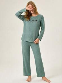 Loomlin 100%Cotton Floral & Slogan Graphic Ribbed Knit Lounge Set