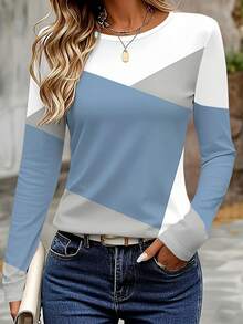 EMERY ROSE Áo thun dài tay nữ, áo in họa tiết chắp vá nhiều màu, thiết kế họa tiết cổ điển, đa năng, thích hợp mặc thường ngày, ngoài trời, du lịch & nghỉ lễ, thoải mái - Nhiều màu - Xem 1