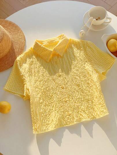 Comfortcana 女士纯色单排扣休闲绉纱短袖衬衫