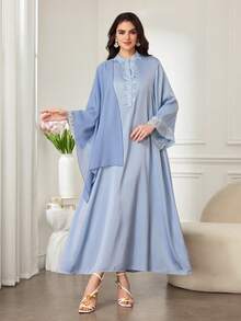 Al Najma Damen eleganter Satin-Abaya mit Spitzendekor und Blumenkopftuch, geeignet für den täglichen Gebrauch - Blau - Übersicht 6