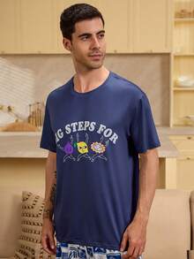 Velminro Men's Casual Cartoon Letter Print Short Sleeve Loungewear Top, Summer