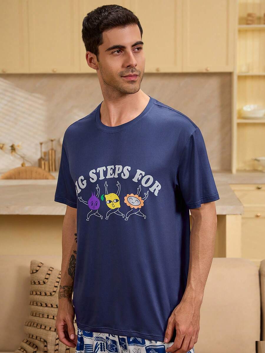 Velminro Men's Casual Cartoon Letter Print Short Sleeve Loungewear Top, Summer