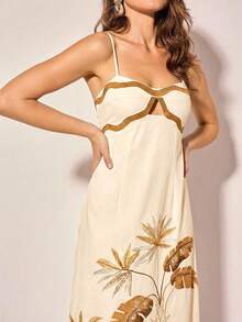 CAJUNI Đầm nữ màu đen dáng thanh lịch, họa tiết lá vàng và lá chuối, dây mảnh, thắt eo, thích hợp cho các buổi hẹn hò, đầm dạ hội sang trọng dành cho nữ. - Màu be - Xem 5