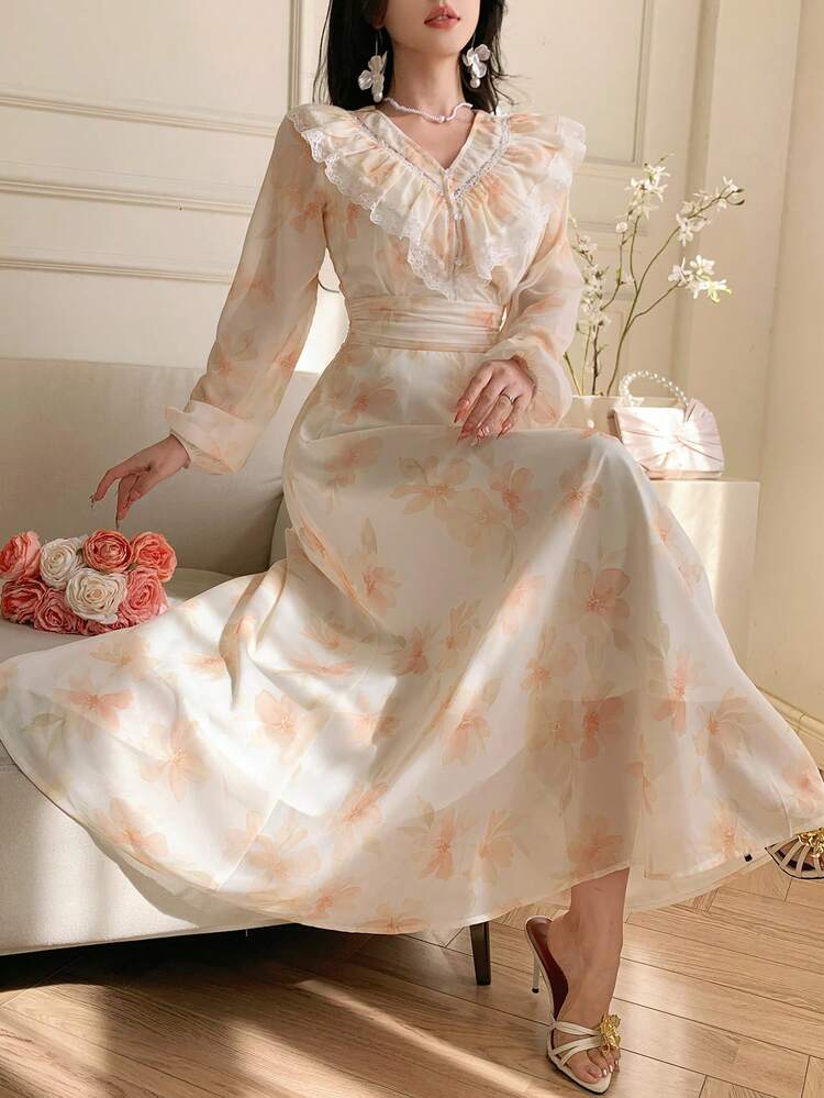Spring & Summer Hollow Lace Patchwork Ruffle Hem Ditsy Floral Chiffon Dress, Elegant Casual Vacation Beach Wedding Party Midi Dress With Waist Tie Wedding Guest Dress Sundress