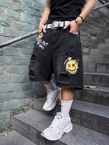 Manfinity EMRG Distressed Black Print Washed American Casual Denim Shorts - Black - View 8