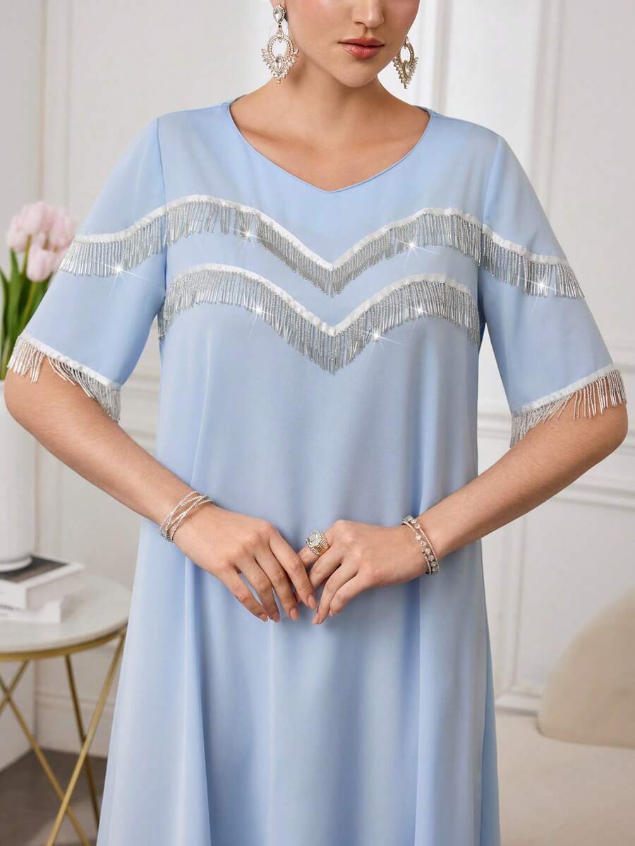 Al Najma 女士优雅浪漫闪亮流苏连衣裙，适合日常穿着和派对场合 - 淺藍色 - 查看 1