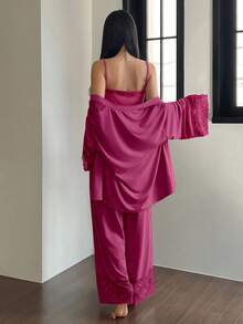 DAZY 3pcs Lace Patchwork Robe, Camisole & Pants Women Sleepwear Set - Hot Pink - View 2