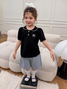 Dazy Kids Camiseta de manga corta con cuello, botones y estampado de lazo, casual para niña, versátil para uso diario - Negro - Ver 7