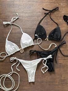 Swim Vcay 1 Set Women's Solid Color Halter Neck Triangle Bikini Swimwear, Black & White - Black and White - View 8