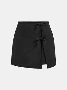 SHEIN 少女不对称设计黑色裙裤，休闲时尚，百搭，适合派对、郊游、姐妹合照、公园、露营、度假、日常休闲穿着 - 黑色 - 查看 1