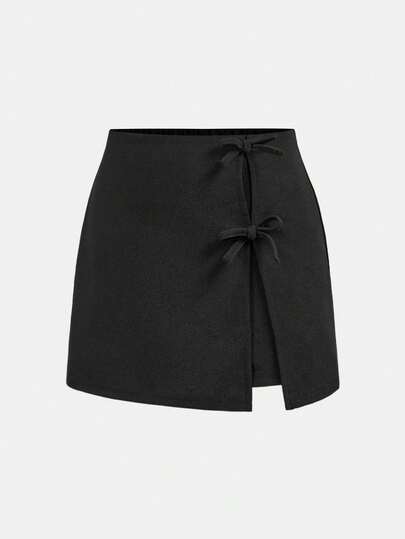 SHEIN Tween Girls Asymmetric Design Black Skirt Pants, Casual, Fashionable, Versatile, Suitable For Party, Outing, Sister Photo Shoot, Park, Camping, Vacation, Daily Casual Wear