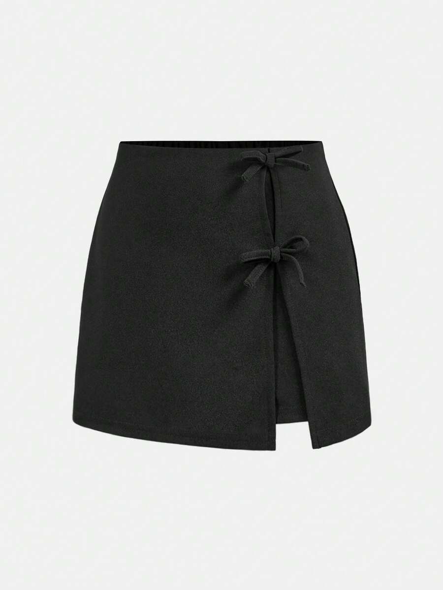 SHEIN 少女不对称设计黑色裙裤，休闲时尚，百搭，适合派对、郊游、姐妹合照、公园、露营、度假、日常休闲穿着 - 黑色 - 查看 1