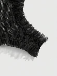 ROMWE Goth 女士哥特式交叉网眼三角杯文胸和内裤性感内衣套装 - 黑色 - 查看 3