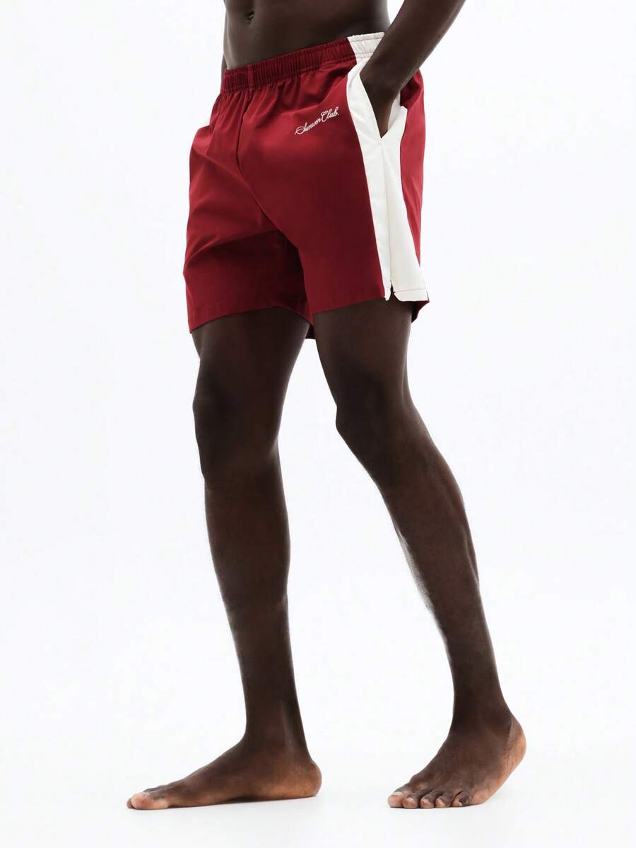 Bañador casual de playa SUMWON con panel lateral en contraste y cintura elástica para vacaciones de verano en la piscina - Rojo - Ver 1