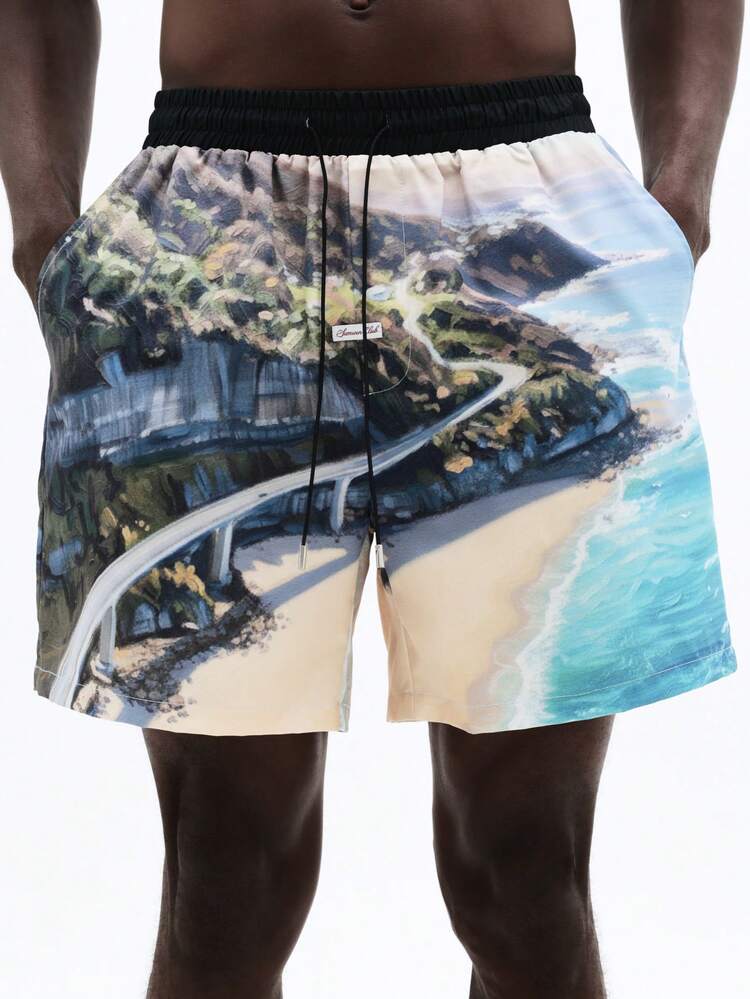 Swim Trunks With Coastal Highway Print