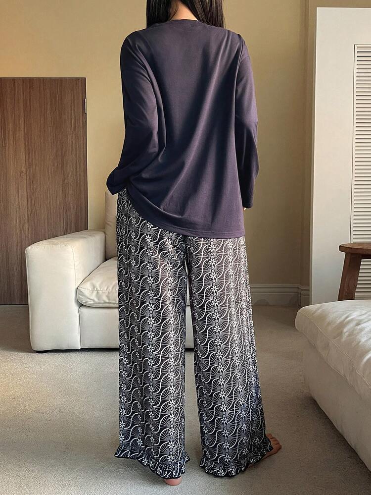 Allover Print Pattern Loose Top & Ruffle Hem Allover Print Pajama Pants Women Sleepwear Set