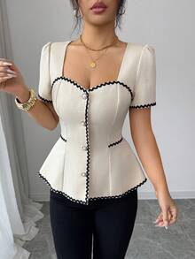 Rafferiza 优雅收腰领口、门襟、下摆撞色波浪边饰女士春夏杏色衬衫