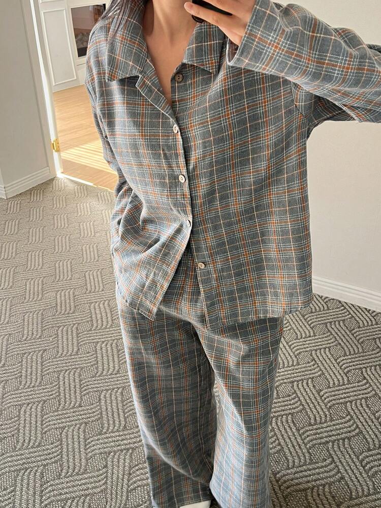 Plaid Print Button Front Long Sleeve Top And Pants Loose Women Pajama Set