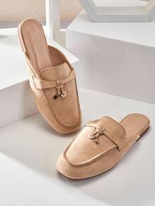 SHUZIA Women's Retro Fringe Lace-Up Velvet Bread-Top Half-Covered Slip-On Flat Mules