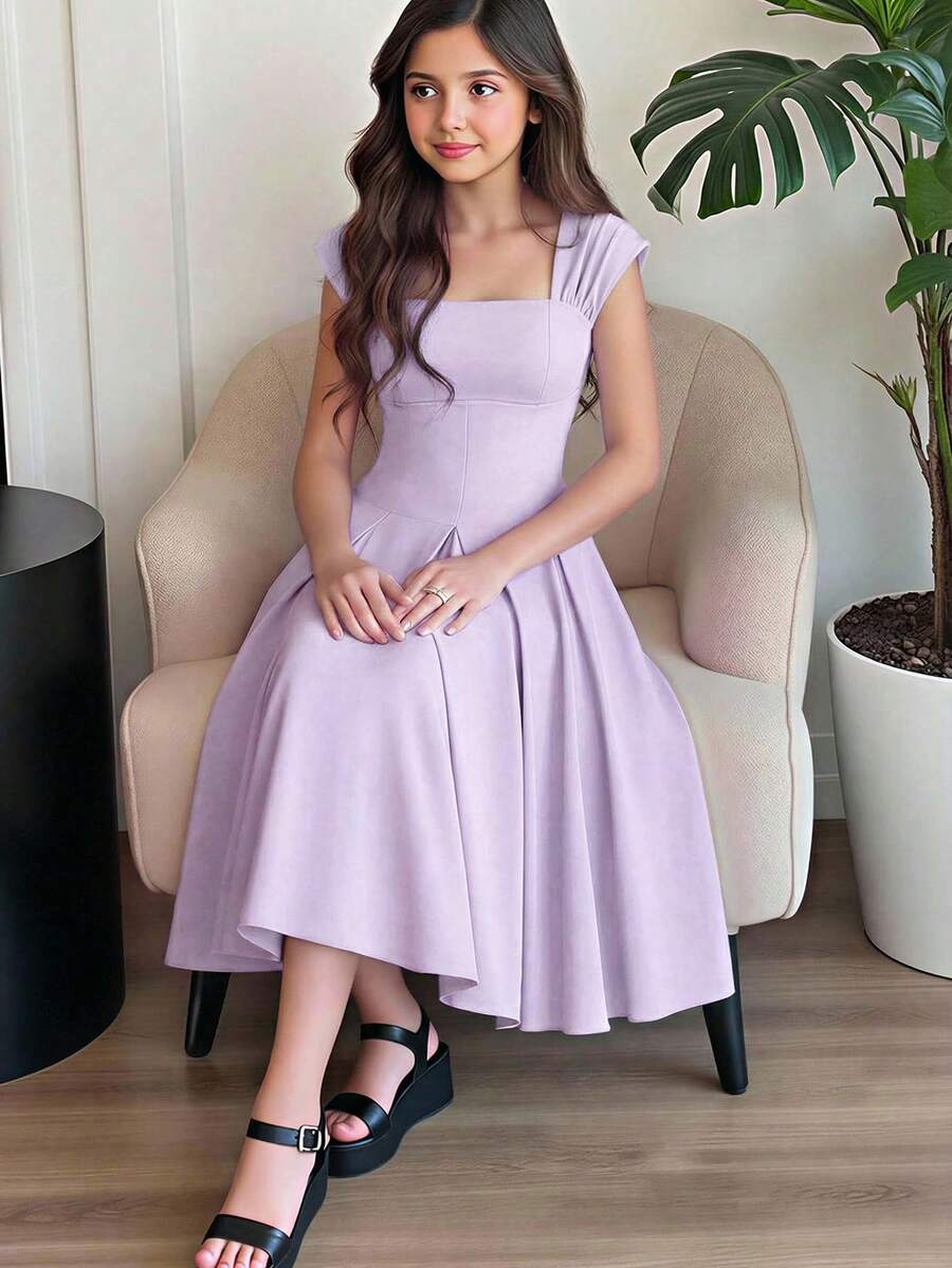 Tween Girls' Elegant Sleeveless Wide Strap Waist Pleated Flare Dress, Christmas/New Year Party Dress, Girls Formal Gown - Mauve Purple - View 1