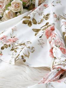 SHEIN Unity Vestido de talla grande con volantes en el bajo y cintura con lazo, color albaricoque con estampado floral, vestido largo de talla grande para mujer - Multicolor - Ver 4