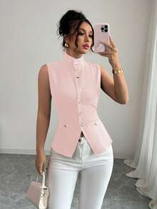 Selianne 复古风前中心装饰纽扣女士无袖衬衫 - 粉色 - 查看 4