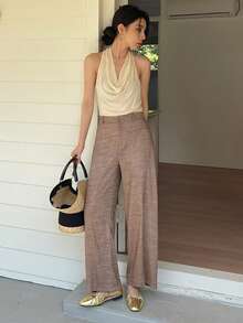 DAZY 女士直筒九分裤，宽松版型，优雅正式，春夏款 - 棕色 - 查看 3