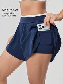 OutZeal 女士健身短裤 运动短裤 网球跑步内置短裤 撞色飘逸下摆 运动裤 - Dark Blue - 查看 2