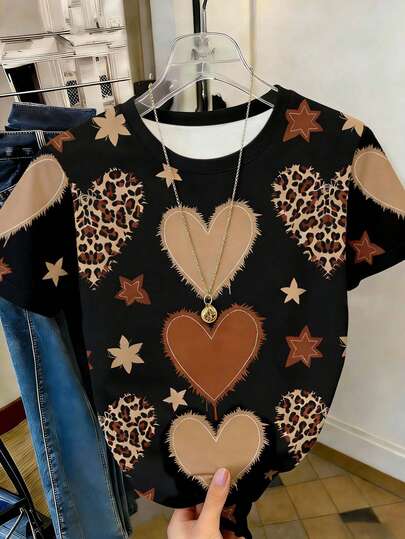 女士撞色豹纹爱心图案休闲圆领短袖T恤，日常穿着舒适
