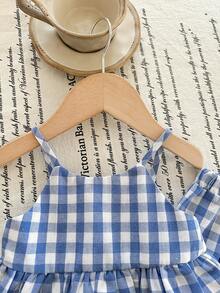 SHEIN Babygirl Summer Cute Vacation Casual Blue & White Plaid Ruffle Trim Camisole & Elastic Waist Pants Set - Blue - View 6