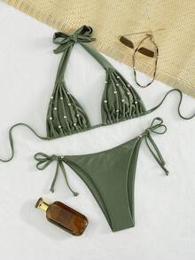 Swim Chiccia Bộ bikini nữ mùa xuân/hè kiểu dáng thanh lịch, hở lưng, thắt nút, buộc cổ, thích hợp cho lễ hội âm nhạc bãi biển. - xanh quân đội - Xem 6