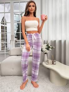 Dream Adore Quần ống đứng dáng rộng kẻ caro trang trí nơ dành cho nữ - Màu tím - Xem 5