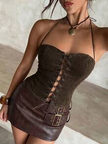 Aloruh 女士时尚复古系带露背牛仔上衣 - 棕色 - 查看 4