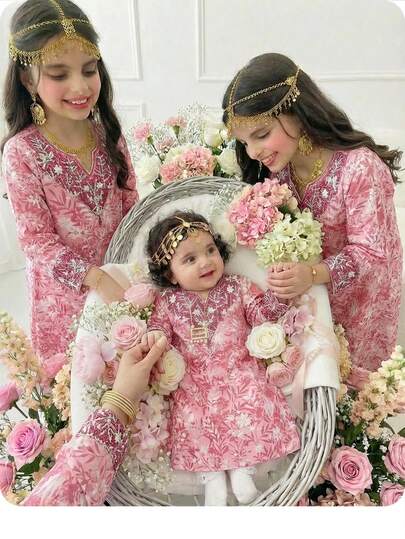 SHEIN Baby Girl Pink Floral Arabian Robe, Elegant Floral Collar, Casual And Simple Traditional Long-Sleeved Arabian Dress, Suitable For Spring And Summer Wear, Elegant And Dignified Long-Sleeved Dress, Prayer Robe, Comfortable And Casual, Vacation Style, Dignified Kaftan Robe, Children's Arabian Robe, Baby Girl Jalabiya
