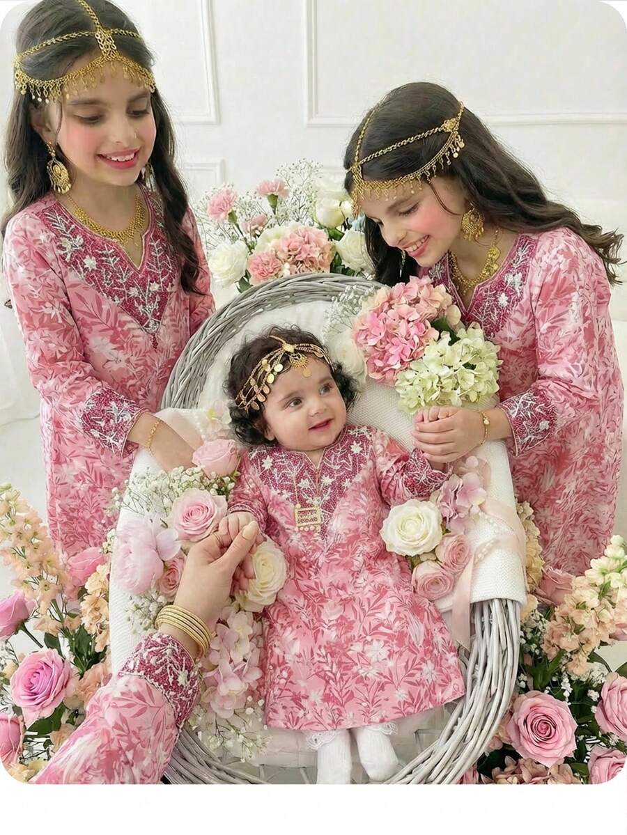SHEIN 女婴粉色碎花阿拉伯长袍,优雅的碎花领,休闲简约的传统长袖阿拉伯连衣裙,适合春夏穿着,优雅端庄的长袖连衣裙,祈祷长袍,舒适休闲,度假风,端庄的卡夫坦长袍,女婴阿拉伯长袍,女婴贾拉比亚长袍 - 白色 - 查看 1