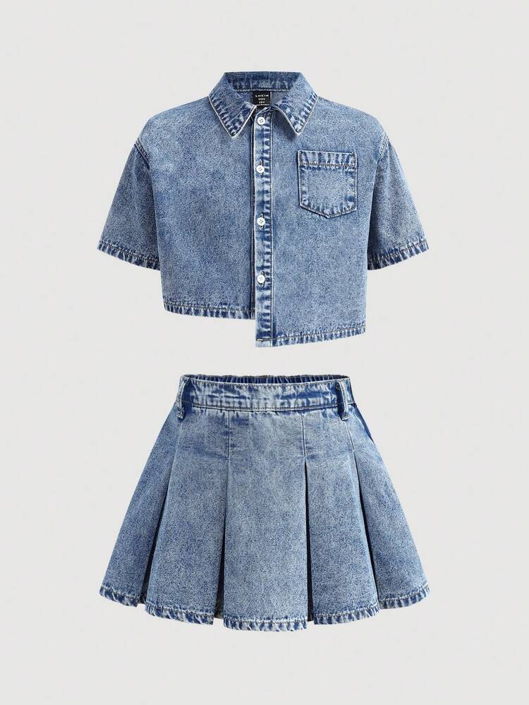 2Pcs Tween Girls Fashion Casual Y2k Vintage Cool Street Blue Asymmetrical Design Short-Sleeved Denim Shirt And Loose Comfortable And Simple Pleated Denim Skirt Set Of Two Pieces For Kids Clothes Tween Girls Dailywear And Kids Spring To Summer Rave Outfits Festival And Outfits Streetwear Clothes - Blue - View 6