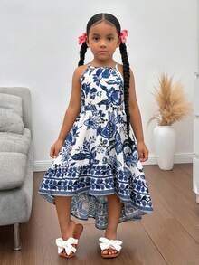 年轻女孩优雅简约露背印花无袖连衣裙 - 彩色 - 查看 3