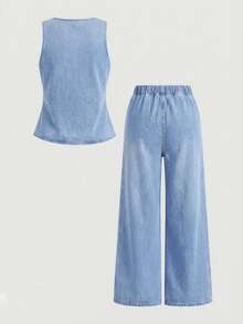 Firerie Kids Firerie Kids Nova Glow 少女春夏休闲街头风纯色V领无袖背心上衣搭配宽松直筒牛仔裤两件套，夏季海滩波西米亚风度假短裤，夏季音乐会、节日休闲派对穿搭，女孩夏季早午餐毕业典礼穿搭 - 淺色水洗藍 - 查看 2