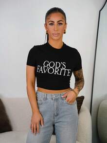 SAYEHFBABY Women Simple Printed Crop Top Slim Fit T-Shirt GOD'S FAVORITE Graphic Tees Women Tops - Black - View 1