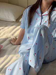 DAZY Tween Girls Heart Print Contrast Trim Loungewear Set, Fall Spring - Blue - View 9