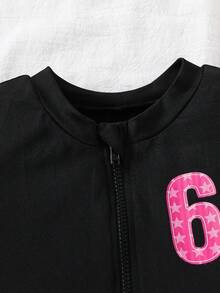 SHEIN Young Girl Solid Color Knit Mock Neck Half-Zip Fitted Casual Jumpsuit Activewear,Kids - Black - View 5