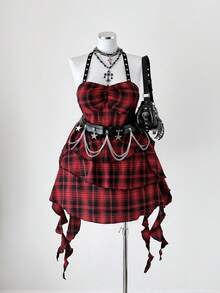 Sunspun Sexy Backless Asymmetrical Plaid Mini Dress, Fitted Design, Fashionable, For Spring/Summer - Red - View 3