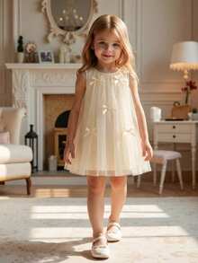SHEIN Une robe bébé fille élégante en maille tissée de couleur unie, col rond, sans manches. Convient pour les mariages, les anniversaires, les rassemblements, les fêtes, les sorties et autres occasions. Robe d'été élégante - Kaki - Voir 3