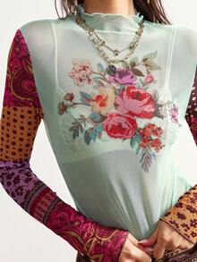 Bohemela 女士印花撞色立领长袖上衣