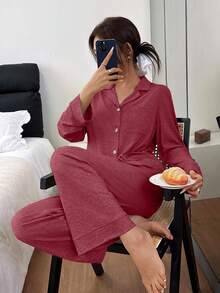 SHEIN 女士宽松舒适针织领长袖睡衣套装 - 紅色 - 查看 5