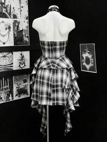 EgrlEra 女士休闲格子褶皱胸部不对称下摆连衣裙，夏季 - 灰色 - 查看 2