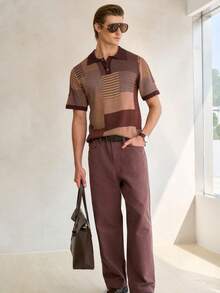 Manfinity Homme Men's Glamorous Partywear Multicolor Polo Neck Knit Top With Rib Knit Colorblock Pattern And Short Regular Sleeves - Multicolor - View 6